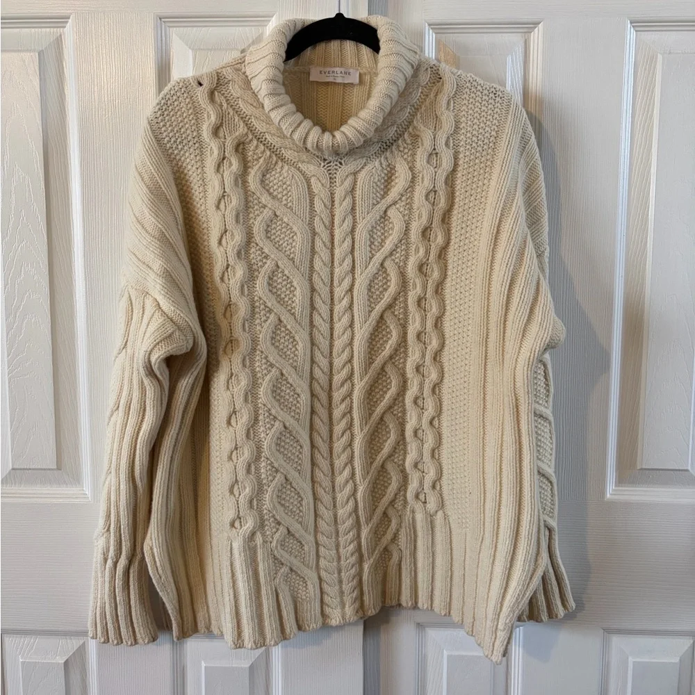 Everlane Cream Cable Knit Turtleneck Sweater Size XL 92% Wool 8% Cashmere EUC - Picture 2 of 6